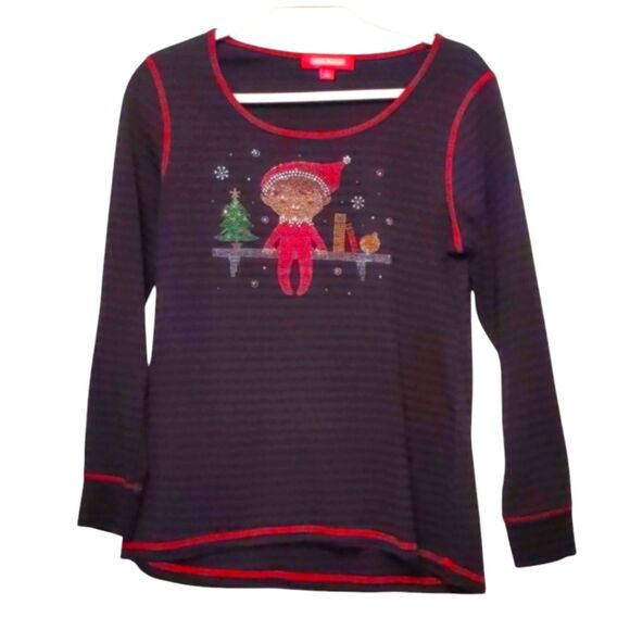 ELF on the SHELF Holiday Shirt Sparkly Black Stripe Stretch Cotton Tee Poly L - Picture 1 of 7